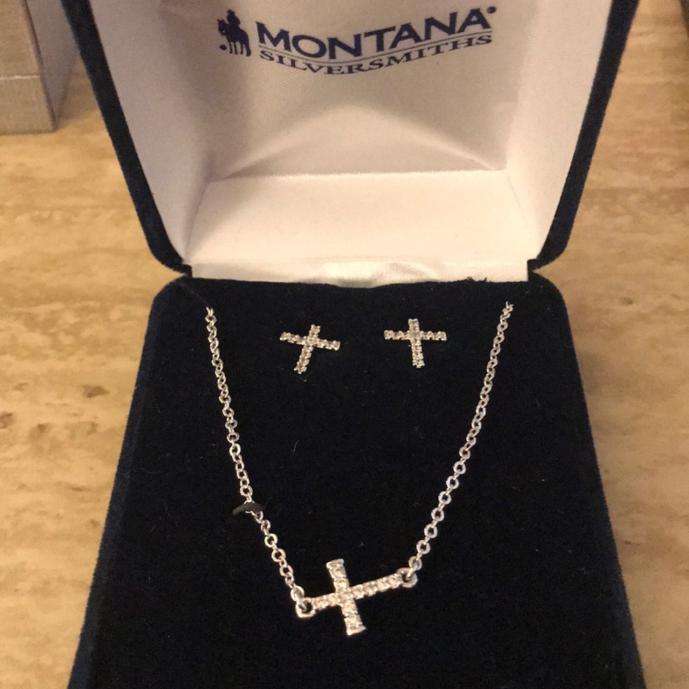 Diamond cross necklace and earring set